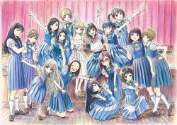 Rule 34 | 6+girls, akebi-chan no serafuku, akebi komichi, black hair, blonde hair, blue eyes, blue hair, blue skirt, blue vest, brown hair, brown legwear, curtains, dress, closed eyes, glasses, hebimori oshizu, high heels, highres, hiraiwa hotaru, hiro (dismaless), kamimoku neko, kizaki erika, kneeling, kojou tomono, loafers, minakami riri, multiple girls, nawashiro yasuko, ookuma minoru, pink dress, pink legwear, puffy short sleeves, puffy sleeves, pumps, roubai academy school uniform (new), roubai academy school uniform (old), school uniform, shijou riona, shirt, shoes, short sleeves, sitting, skirt, socks, squatting, stage, standing, straight hair, tanigawa kei, tatsumori ai, togano mai, tougeguchi ayumi, twintails, two side up, usagihara touko, vest, washio hitomi, white legwear, white shirt