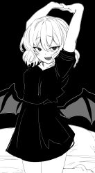 Rule 34 | 1girl, absurdres, bat wings, dress, facing viewer, fangs, highres, looking at viewer, mizuga, monochrome, open mouth, remilia scarlet, sharp teeth, short hair, short sleeves, slit pupils, solo, stretching, teeth, touhou, wings