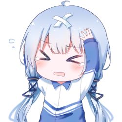Rule 34 | &gt; &lt;, 1girl, ahoge, bad id, bad pixiv id, bandaid, blue hair, blush, chibi, crossed bandaids, crying, closed eyes, hair ribbon, hands on own head, long sleeves, low twintails, mimengfeixue, open mouth, pain, ribbon, simple background, solo, tears, track suit, twintails, upper body, vocaloid, wavy mouth, white background, xingchen