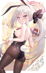 Rule 34 | 1girl, animal ears, artificial vagina, bare shoulders, black pantyhose, blue archive, blush, breasts, choker, condom, condom box, detached collar, fake animal ears, from behind, hair ornament, halo, highres, holding, holding own hair, holding plate, leotard, long hair, looking at viewer, mutsuki (blue archive), necktie, oil, okamoto condoms, pantyhose, plate, playboy bunny, purple eyes, rabbit ears, rabbit tail, sex toy, sideboob, small breasts, solo, standing, sweat, tail, tongue, tongue out, twintails, unizou, very long hair, white hair, wrist cuffs