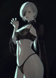 Rule 34 | 1girl, absurdres, black bra, black eyes, black nails, black panties, bra, chainsaw man, claw pose, commentary, cowboy shot, english commentary, eyepatch, from below, from side, highres, lace, lace-trimmed bra, lace-trimmed panties, lace trim, linea alba, long hair, looking at viewer, looking down, navel, panties, ponytail, quanxi (chainsaw man), shrug (clothing), smile, solo, teeth, underwear, uqi32, white hair