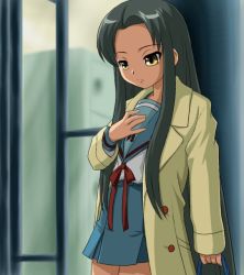 Rule 34 | 1girl, coat, green hair, hand on own chest, long hair, looking down, school uniform, supon, suzumiya haruhi no yuuutsu, tsuruya, very long hair, yellow eyes