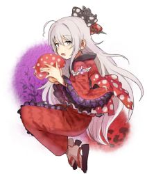Rule 34 | 1girl, a ichi, abstract background, ahoge, black bow, bow, braid, brown eyes, floating, fly agaric, frilled kimono, frills, full body, grey hair, hair bow, holding, holding mushroom, hoshi syoko, idolmaster, idolmaster cinderella girls, japanese clothes, kimono, lace, long hair, long sleeves, looking at viewer, lower teeth only, mushroom, open mouth, polka dot, polka dot bow, red bow, red kimono, sandals, side braid, single braid, solo, teeth, very long hair, wide sleeves