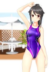 Rule 34 | 1girl, absurdres, beach umbrella, black hair, blurry, breasts, chair, commentary request, competition swimsuit, cowboy shot, depth of field, fence, hair ribbon, high school fleet, highleg, highleg swimsuit, highres, long hair, looking at viewer, multicolored clothes, multicolored swimsuit, munetani mashiro, one-piece swimsuit, parted lips, ponytail, purple one-piece swimsuit, red eyes, ribbon, small breasts, solo, standing, swimsuit, table, takafumi, umbrella, white ribbon