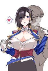 Rule 34 | 1boy, 1girl, absurdres, ark royal (azur lane), azur lane, black hair, blue eyes, blush, breasts, cleavage, cleavage cutout, clothing cutout, commentary request, eyes visible through hair, gloves, hair over one eye, heart, highres, jacket, large breasts, long sleeves, mogi yasunobu, multicolored clothes, multicolored jacket, nipple stimulation, nipple tweak, open mouth, short hair, speech bubble, spoken heart, standing, sweat, white background, white gloves