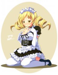 Rule 34 | 10s, 1girl, blonde hair, blush, breasts, drill hair, elbow gloves, female focus, full body, gloves, hard-translated, mahou shoujo madoka magica, maid, maid headdress, mary janes, petticoat, seiza, shoes, sitting, skirt, solo, thighhighs, third-party edit, tomoe mami, translated, tsukumo (soar99), twin drills, twintails, white thighhighs, yellow eyes