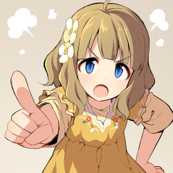 Rule 34 | 1girl, ahoge, angry, blue eyes, brown background, child, dress, flat chest, floral print, flower, hair flower, hair ornament, hand on own hip, hand up, idolmaster, idolmaster million live!, light brown hair, long sleeves, looking at viewer, medium hair, open mouth, pointing, pointing at viewer, print dress, puff of air, sidelocks, solo, suou momoko, uccow, upper body, v-shaped eyebrows, wavy hair, yellow dress