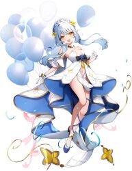 Rule 34 | 1girl, :d, balloon, bare legs, bare shoulders, blue flower, blue footwear, blue hair, blue rose, blush, braid, breasts, collarbone, crown braid, dress, eversoul, floating, flower, full body, game cg, gloves, hair flower, hair ornament, half gloves, highres, jewelry, looking at viewer, midriff peek, navel, non-web source, official alternate costume, official alternate hairstyle, official art, open clothes, open mouth, pelvic curtain, pink ribbon, pointy ears, ribbon, rose, short hair, sidelocks, sleeveless, small breasts, smile, solo, streamers, tachi-e, talia (eversoul), transparent background, two-tone dress, white dress, white gloves, yellow eyes, yellow flower, yellow ribbon