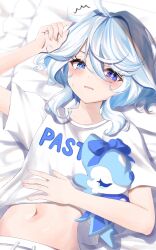Rule 34 | 1girl, bed sheet, blue eyes, blue hair, blush, bubbly seahorse (genshin impact), collarbone, day, dot nose, furina (genshin impact), genshin impact, hair between eyes, highres, indoors, long hair, looking at viewer, lying, multicolored hair, navel, on back, on bed, open mouth, pillow, rinmel9, shirt, short sleeves, t-shirt, waking up, white hair