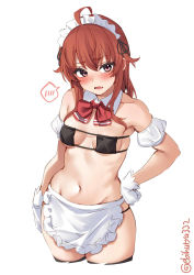 Rule 34 | 1girl, ahoge, apron, arashi (kancolle), bare shoulders, bikini, black bikini, blush, breasts, collarbone, detached collar, ebifurya, eyepatch bikini, fang, frilled apron, frills, gloves, groin, hair between eyes, hair flaps, hand on own hip, highres, kantai collection, looking at viewer, maid headdress, navel, one-hour drawing challenge, open mouth, red hair, simple background, skin fang, skindentation, small breasts, solo, spoken blush, swimsuit, thighhighs, thighs, twitter username, underboob, waist apron, white apron, white background, white gloves, wide hips