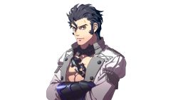 Rule 34 | 1boy, abs, balthus von albrecht, black hair, brown eyes, chain, crossed arms, fire emblem, fire emblem: three houses, garreg mach monastery uniform, highres, kurahana chinatsu, looking at viewer, male focus, nintendo, official art, open clothes, open shirt, sideburns, simple background, smile, solo, upper body, white background