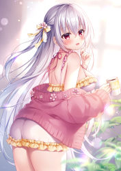 Rule 34 | 1girl, :d, ass, bare shoulders, blush, bow, breasts, commentary request, cup, dress, fang, flower, frilled dress, frills, hair between eyes, hair bow, hair flower, hair ornament, hand up, highres, holding, holding cup, indoors, jacket, long hair, long sleeves, looking at viewer, looking back, medium breasts, mitsuba choco, mug, official art, open clothes, open jacket, open mouth, original, pink flower, pink jacket, puffy long sleeves, puffy sleeves, silver hair, sleeveless, sleeveless dress, sleeves past wrists, smile, solo, twitter username, very long hair, white dress, window, yellow bow