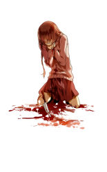 Rule 34 | 1girl, blood, blood on clothes, braid, brown hair, clenched teeth, flower, getiao, hair over eyes, hands on neck, kneeling, knife, long hair, madotsuki, on ground, pleated skirt, skirt, solo, suicide, sweater, teeth, twin braids, white background, yume nikki