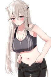 Rule 34 | 1girl, adjusting clothes, adjusting legwear, animal ears, black bra, black eyes, black pants, blush, bra, breasts, cleavage, closed mouth, commentary, cowboy shot, dog tags, ear piercing, frown, grey hair, hair between eyes, highres, hololive, jewelry, large breasts, lion ears, lion girl, lion tail, long hair, looking at viewer, navel, necklace, nerorigogo, o-ring, official alternate costume, open fly, pants, piercing, raised eyebrow, shishiro botan, shishiro botan (button-down), simple background, solo, sports bra, standing, stomach, sweatdrop, tail, underwear, virtual youtuber, weight conscious, white background