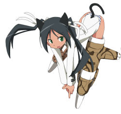 Rule 34 | 00s, 1girl, animal ears, ass, black hair, cl-55, francesca lucchini, green eyes, panties, solo, strike witches, striker unit, striped clothes, striped panties, twintails, underwear, world witches series