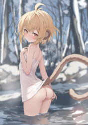 Rule 34 | 1girl, andira (granblue fantasy), animal ears, ass, blonde hair, commentary, erune, granblue fantasy, highres, kimblee, looking at viewer, monkey ears, monkey girl, monkey tail, naked towel, onsen, outdoors, partially submerged, red eyes, short hair, snow, solo, symbol-only commentary, tail, towel, water