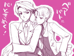 Rule 34 | &gt;:(, 1boy, 1girl, beatrice (umineko), blunt bangs, braid, breasts, buttons, closed mouth, frown, hand on another&#039;s shoulder, jacket, long sleeves, looking at viewer, lowres, medium breasts, monochrome, necktie, open clothes, open jacket, outline, pink background, simple background, skirt, smile, sweatdrop, umineko no naku koro ni, unbuttoned, upper body, ushiromiya battler, v-shaped eyebrows, white outline