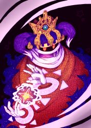 Rule 34 | absurdres, belt, belt buckle, belt collar, blue gemstone, buckle, cape, collar, commentary, covered mouth, crown, darkness, demon horns, disembodied hand, gem, gloves, gold crown, hagalaz, highres, horns, kirby (series), looking at viewer, magolor, master crown, nintendo, no humans, planet, portal (object), purple belt, purple horns, red cape, red eyes, scarf, solid oval eyes, solo, space, star (symbol), torn cape, torn clothes, unmoving pattern, white gloves, white scarf