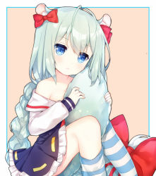 Rule 34 | 1girl, antenna hair, azur lane, bare shoulders, between legs, blue dress, blue eyes, blush, bow, braid, breasts, brown background, closed mouth, dress, fingernails, frilled dress, frills, green hair, hair between eyes, hair bow, head tilt, hugging own tail, hugging tail, long hair, long sleeves, looking at viewer, low ponytail, mikazuki (azur lane), off shoulder, ponytail, red bow, shirt, simple background, single braid, small breasts, solo, striped clothes, striped thighhighs, tail, tail between legs, tengxiang lingnai, thighhighs, thighhighs pull, very long hair, white shirt