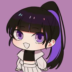 Rule 34 | 1girl, black hair, black shirt, blunt bangs, chibi, cloud nine inc, colored inner hair, commentary, cropped shirt, highres, jacket, long hair, looking at viewer, midriff, multicolored hair, open clothes, open jacket, open mouth, pleated skirt, ponytail, purple background, purple eyes, purple hair, riseno, shirt, simple background, skirt, smile, solo, utaite, white jacket, white skirt, yoshino (utaite)