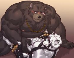 2boys abs animal_ears annoyed bara bear_boy bear_ears belly ben_bigger black_gloves blush chain chain_necklace claws clenched_teeth commentary english_commentary eyepatch fat fat_man fingerless_gloves furry furry_male gloves harness highres istani jewelry looking_at_another male_focus multiple_boys muscular muscular_male muzzle necklace nipples nude one-eyed one_eye_covered paid_reward_available pectorals red_eyes scar scar_across_eye scar_on_face teeth von_lycaon wolf_boy wolf_ears yaoi zenless_zone_zero
