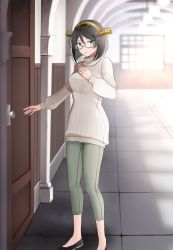 Rule 34 | 1girl, absurdres, alternate costume, black footwear, black hair, blue eyes, door, glasses, green-framed eyewear, green pants, hairband, hand on own chest, highres, indoors, kantai collection, kirishima (kancolle), long sleeves, looking at viewer, open mouth, pants, ribbed sweater, semi-rimless eyewear, shoes, short hair, solo, sweater, turtleneck, turtleneck sweater, under-rim eyewear, white sweater, yunamaro