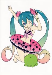 Rule 34 | 1girl, absurdres, arm up, armpits, bare shoulders, barefoot, bikini, blue eyes, blue hair, blush stickers, bow, bracelet, chibi, collarbone, flat chest, flat color, front-tie top, hair bow, hatsune miku, highres, innertube, jewelry, kanzaki hiro, kneeling, long hair, matching hair/eyes, multicolored hair, navel, one eye closed, pink bikini, polka dot, scan, smile, solo, striped, swim ring, swimsuit, very long hair, vocaloid