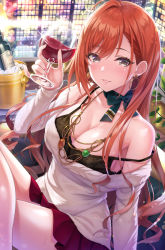 Rule 34 | 1girl, arisugawa natsuha, bare shoulders, blush, breasts, cleavage, cocktail glass, collarbone, cup, drinking glass, earrings, highres, hoop earrings, idolmaster, idolmaster shiny colors, jewelry, large breasts, long hair, long sleeves, looking at viewer, necklace, orange hair, sitting, skirt, smile, solo, swept bangs, thighs, urabi (tomatohouse), very long hair, wine glass