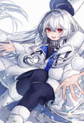 Rule 34 | 1girl, ahoge, azur lane, belt, belt buckle, black thighhighs, brown eyes, buckle, collared jacket, coyucom, crossed bangs, hair between eyes, hands up, hat, high collar, highres, jacket, knees up, long hair, long sleeves, looking at viewer, messy hair, open mouth, outstretched arms, sidelocks, smile, solo, strap, stremitelny (azur lane), teeth, thighhighs, tongue, very long hair, white background, white footwear, white hair, white hat, white jacket