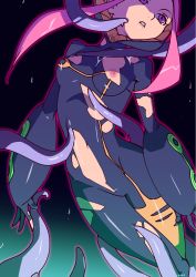Rule 34 | 1girl, anemone (eureka seven), artist name, bodysuit, breasts, eureka seven, eureka seven (series), gradient background, highres, long hair, navel, nipples, optionaltypo, parted lips, pilot suit, pink hair, purple eyes, skin tight, slime (substance), solo, tentacles, torn clothes