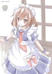Rule 34 | 10s, 1girl, alternate costume, anchor, anchor symbol, apron, brown eyes, brown hair, character name, dress, enmaided, fang, frills, fujishima shinnosuke, hair ornament, hairclip, ikazuchi (kancolle), kantai collection, looking at viewer, maid, maid apron, maid headdress, necktie, puffy short sleeves, puffy sleeves, red necktie, ribbon, short hair, short sleeves, skirt, smile, solo, twitter username, window, wrist cuffs