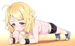 Rule 34 | 1girl, ahoge, aqua eyes, bare shoulders, bike shorts, blonde hair, blush, breasts, clenched hands, djheycha, foreshortening, highres, idolmaster, idolmaster cinderella girls, long hair, open mouth, planking, shoes, simple background, sleeveless, small breasts, sneakers, solo, white background, wooden floor, wristband, yusa kozue
