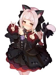 Rule 34 | 1girl, animal ears, black dress, black ribbon, blunt bangs, blush, breasts, brown eyes, cat ears, cat tail, closed mouth, commentary request, cowboy shot, double v, dress, frilled dress, frills, hair ribbon, highres, hololive, looking at viewer, murasaki shion, murasaki shion (gothic lolita), official alternate costume, pink hair, pleated dress, ribbon, sidelocks, simple background, small breasts, solo, sue (bg-bros), tail, v, virtual youtuber, white background