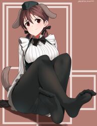 Rule 34 | 1girl, absurdres, animal ears, ass, black bow, black bowtie, black pantyhose, blush, bow, bowtie, breasts, brown eyes, brown hair, closed mouth, dog ears, dog tail, feet, gertrud barkhorn, hair ribbon, hat, highres, hiroshi (hunter-of-kct), large breasts, looking at viewer, military hat, panties, panties under pantyhose, pantyhose, ribbon, signature, simple background, smile, solo, strike witches, tail, twintails, underwear, world witches series