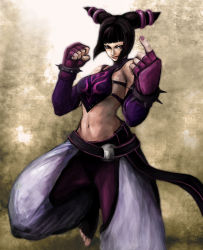 Rule 34 | 1girl, :p, bare shoulders, beckoning, belt, black hair, capcom, chaps, detached sleeves, drill hair, dudou, elbow gloves, fingerless gloves, gloves, halterneck, halterneck, han juri, highres, kom (kom1128), midriff, purple eyes, solo, standing, standing on one leg, street fighter, street fighter iv (series), taunting, tongue, tongue out, twin drills, twintails