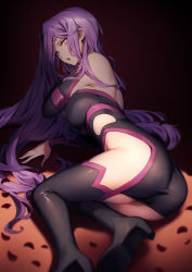 Rule 34 | 1girl, ass, bare shoulders, black dress, black footwear, boots, breasts, detached sleeves, dress, facial mark, fate/stay night, fate (series), forehead, forehead mark, genyaky, high heel boots, high heels, highres, large breasts, legs, long hair, looking at viewer, medusa (fate), medusa (rider) (fate), medusa (rider) (third ascension) (fate), open mouth, parted bangs, purple eyes, purple hair, short dress, thigh boots, thighhighs, very long hair
