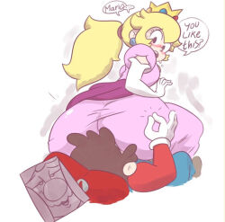 Rule 34 | 1boy, 1girl, accidental pervert, ass, blonde hair, blush, brown hair, crown, dress, earrings, face in ass, facial hair, girl on top, gloves, grin, hat, jewelry, long hair, looking back, mario, mario (series), mustache, nintendo, overalls, pink dress, ponytail, princess peach, sexually suggestive, sitting, sitting on face, sitting on person, smile, speech bubble, super mario bros. 1, talking, themanwithnobats