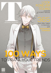 Rule 34 | 10s, 1boy, bow, bowtie, character name, cover, english text, fake cover, formal, grin, magazine cover, male focus, nair (mindcreator), one eye closed, smile, solo, suit, suspenders, touken ranbu, traditional bowtie, tsurumaru kuninaga, white hair, yellow eyes