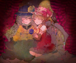 Rule 34 | 2girls, ame tame, bad id, bad pixiv id, black eyes, blonde hair, curtains, female focus, flandre scarlet, flower, grey hair, hand on another&#039;s cheek, hand on another&#039;s face, hat, hug, komeiji koishi, multiple girls, red eyes, short hair, sitting, touhou, wings, wink
