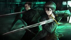 Rule 34 | 2boys, 2others, bags under eyes, black eyes, black hair, brown vest, closed mouth, collared shirt, game cg, green jacket, hair between eyes, highres, holding, holding sword, holding weapon, indoors, jacket, limbus company, male focus, meursault (project moon), multiple boys, multiple others, nai ga, official art, project moon, shirt, short hair, sword, vest, weapon, white shirt, wing collar, yi sang (project moon)