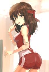 Rule 34 | 1022 deadly, 1girl, :p, akanbe, ass, breasts, brown eyes, brown hair, commentary request, error, eyelid pull, finger to eye, from behind, girls und panzer, headband, kondou taeko, looking at viewer, looking back, medium breasts, red headband, red shorts, shirt, short hair, short shorts, shorts, sleeveless, sleeveless shirt, smile, solo, sportswear, thighs, tongue, tongue out, volleyball uniform, white shirt