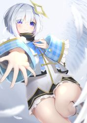 Rule 34 | 1girl, absurdres, amane kanata, angel, angel wings, blue hair, blurry, bow, bowtie, depth of field, eyes visible through hair, feathers, foreshortening, hair over one eye, halo, highres, hololive, mine tsukasa, miniskirt, multicolored hair, outstretched arm, purple eyes, short hair, silver hair, skirt, smile, solo, star halo, streaked hair, thighs, virtual youtuber, wings, wrist cuffs