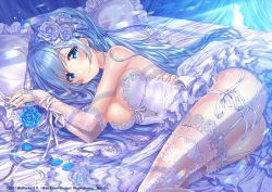 Rule 34 | 1girl, artist request, ass, bare shoulders, bed, blue eyes, blue flower, blue hair, blue nails, blue rose, blush, bound, bound wrists, breasts, bridal gauntlets, closed mouth, curtains, dress, elbow gloves, emori miku, feet out of frame, fingernails, flower, garter straps, gloves, hair flower, hair ornament, hair spread out, large breasts, light rays, liver city, long hair, looking at viewer, lying, nail polish, on bed, on side, panties, petals, pillow, purple flower, purple rose, ribbon, rose, rose petals, sakura moyon, smile, solo, thighhighs, underwear, very long hair, watermark, white dress, white panties, white ribbon, white thighhighs