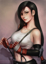 Rule 34 | 1990s (style), 1girl, armor, bare shoulders, black hair, blush, breasts, brown eyes, buckle, cleavage, closed mouth, collarbone, crop top, dated, earrings, elbow gloves, elbow pads, final fantasy, final fantasy vii, fingerless gloves, gloves, hair between eyes, head tilt, highres, jewelry, lips, long hair, looking at viewer, low-tied long hair, low ponytail, medium breasts, midriff, navel, pink lips, pulled by self, realistic, red gloves, retro artstyle, revision, sciamano240, signature, sleeveless, smile, solo, stomach, straight hair, suspenders, suspenders pull, tank top, tifa lockhart, upper body, very long hair, watermark, web address