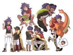 Rule 34 | 2boys, aged down, arm up, barefoot, baseball cap, brothers, cape, carrying, champion uniform, character doll, charizard, clenched hand, closed eyes, commentary request, creatures (company), dark-skinned male, dark skin, flame-tipped tail, fur-trimmed cape, fur trim, game freak, gen 1 pokemon, grin, hand up, hat, highres, hop (pokemon), korean commentary, leggings, leon (pokemon), long hair, lower teeth only, male focus, multiple boys, nintendo, open mouth, pokemon, pokemon (anime), pokemon (creature), pokemon journeys, pokemon swsh, pokemon swsh043, purple hair, red cape, redlhzz, shield print, shirt, shoes, short hair, short shorts, short sleeves, shorts, siblings, smile, spread legs, standing, sword print, teeth, thought bubble, toes, v, white legwear, white shorts, yellow eyes