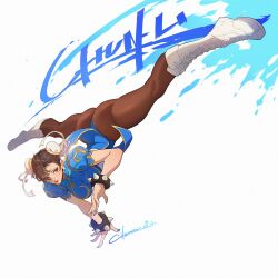 Rule 34 | 1girl, ass, boots, bracelet, brown hair, capcom, chinese clothes, chun-li, citemer, cross-laced footwear, earrings, highres, jewelry, lace-up boots, legs apart, pantyhose, spiked bracelet, spikes, street fighter, thong