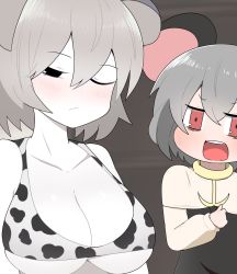 Rule 34 | 2girls, animal ears, animal print, bikini, black eyes, blush, breast envy, breasts, capelet, cleavage, colored skin, commentary request, cookie (touhou), cow print, dress, dual persona, flat chest, grey dress, grey hair, highres, large breasts, long sleeves, looking at another, madore, mouse ears, mouse girl, multiple girls, nazrin, nyon (cookie), one eye closed, open mouth, print bikini, red eyes, short hair, swimsuit, touhou, upper body, white capelet, white skin