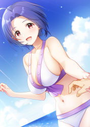 Rule 34 | 1girl, :d, absurdres, ahoge, bikini, blue hair, blue sky, breasts, cloud, day, highres, holding hands, idolmaster, idolmaster (classic), large breasts, mikapoe, miura azusa, navel, ocean, open mouth, pov, red eyes, short hair, sky, smile, swimsuit, white bikini