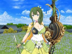 Rule 34 | 1girl, archery, blue eyes, bow and arrow, breasts, cleavage, dress, green dress, green hair, hiyori (senran kagura), large breasts, looking at viewer, official art, one glove, senran kagura, senran kagura new link, side ponytail, smile