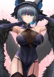 Rule 34 | 1girl, ;3, absurdres, animal hat, armpits, arms up, azur lane, bare shoulders, black dress, black gloves, black hair, black hat, black panties, black thighhighs, blue eyes, blue flower, blue hair, blue rose, blush, breasts, cat hat, cheshire (azur lane), cheshire (cait sith crooner) (azur lane), cleavage, closed mouth, covered navel, dress, flower, fur shawl, garter straps, gloves, gradient background, hat, highres, large breasts, looking at viewer, multicolored hair, one eye closed, panties, pelvic curtain, pink background, pointy ears, rose, sankyo (821-scoville), see-through, see-through cleavage, shawl, short hair, skindentation, sleeveless, sleeveless dress, solo, streaked hair, tassel, thighhighs, two-tone hair, underwear